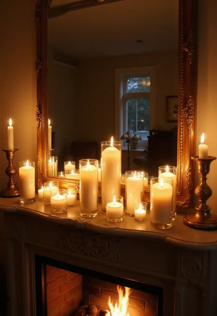 28 Creative Fireplace Mantle Decor with Mirror and Candles for Cozy Living Spaces 15 28 Creative Fireplace Mantle Decor with Mirror and Candles for Cozy Living Spaces - 15. Candle and Mirror Reflections
