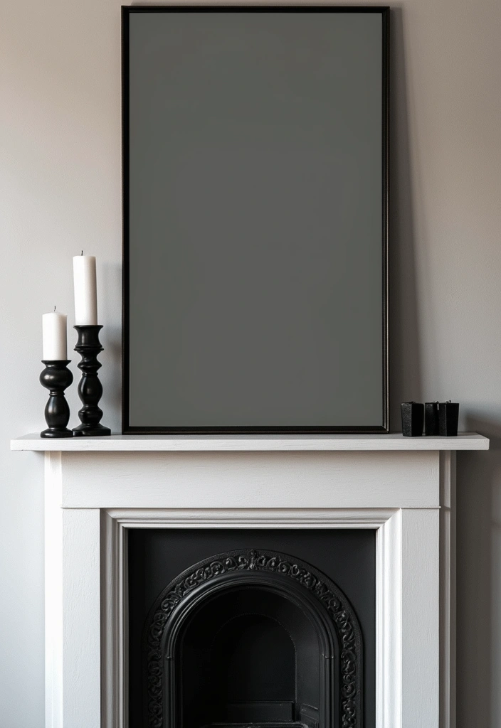 28 Creative Fireplace Mantle Decor with Mirror and Candles for Cozy Living Spaces 17 28 Creative Fireplace Mantle Decor with Mirror and Candles for Cozy Living Spaces - 17. Monochrome Elegance with Mirrors and Candles