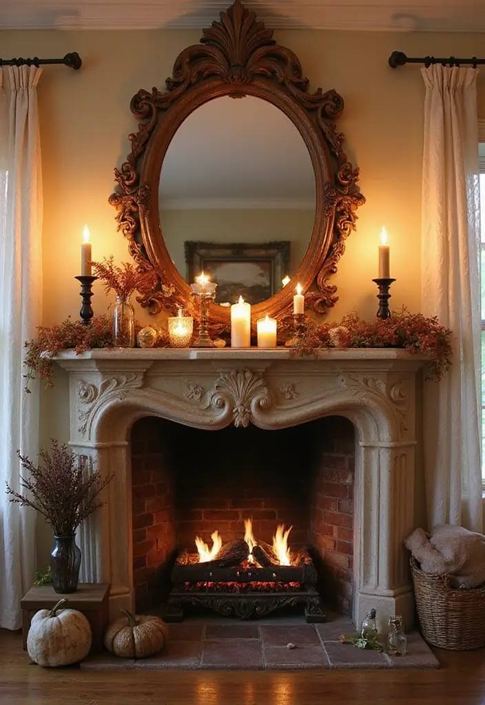 28 Creative Fireplace Mantle Decor with Mirror and Candles for Cozy Living Spaces 18 28 Creative Fireplace Mantle Decor with Mirror and Candles for Cozy Living Spaces - 18. Mirror and Candle Displays with Seasonal Themes