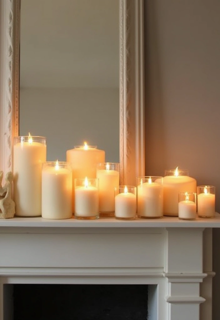 28 Creative Fireplace Mantle Decor with Mirror and Candles for Cozy Living Spaces 19 28 Creative Fireplace Mantle Decor with Mirror and Candles for Cozy Living Spaces - 19. Candle Groupings with Mirrored Background