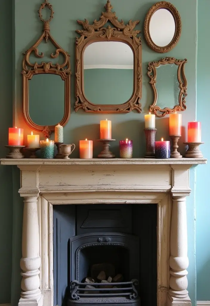28 Creative Fireplace Mantle Decor with Mirror and Candles for Cozy Living Spaces 2 28 Creative Fireplace Mantle Decor with Mirror and Candles for Cozy Living Spaces - 2. Vintage Mirrors with Eclectic Candles
