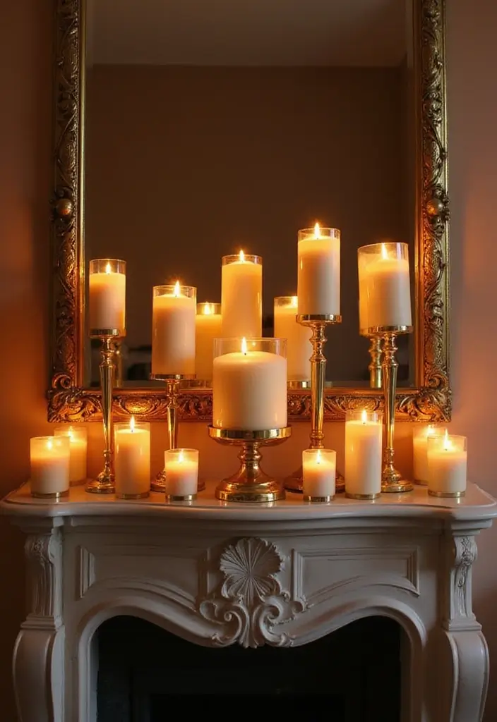 28 Creative Fireplace Mantle Decor with Mirror and Candles for Cozy Living Spaces 20 28 Creative Fireplace Mantle Decor with Mirror and Candles for Cozy Living Spaces - 20. Layered Candle Holders with Mirrors