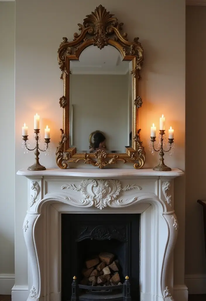 28 Creative Fireplace Mantle Decor with Mirror and Candles for Cozy Living Spaces 24 28 Creative Fireplace Mantle Decor with Mirror and Candles for Cozy Living Spaces - 24. Vintage Boudoir Style with Mirrors and Candles