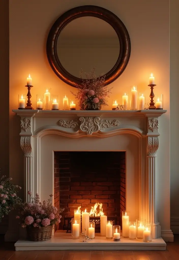 28 Creative Fireplace Mantle Decor with Mirror and Candles for Cozy Living Spaces 27 28 Creative Fireplace Mantle Decor with Mirror and Candles for Cozy Living Spaces - 27. Candle and Mirror Reflections for Romance