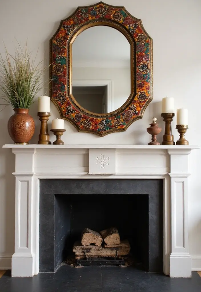 28 Creative Fireplace Mantle Decor with Mirror and Candles for Cozy Living Spaces 28 28 Creative Fireplace Mantle Decor with Mirror and Candles for Cozy Living Spaces - 28. Cultural Influences with Mirrors and Candles