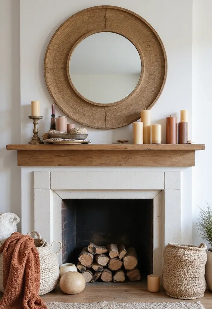 28 Creative Fireplace Mantle Decor with Mirror and Candles for Cozy Living Spaces 4 28 Creative Fireplace Mantle Decor with Mirror and Candles for Cozy Living Spaces - 4. Boho Chic with Layered Textures