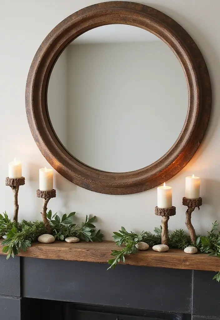 28 Creative Fireplace Mantle Decor with Mirror and Candles for Cozy Living Spaces 5 28 Creative Fireplace Mantle Decor with Mirror and Candles for Cozy Living Spaces - 5. Rustic Mirrors with Natural Candle Holders