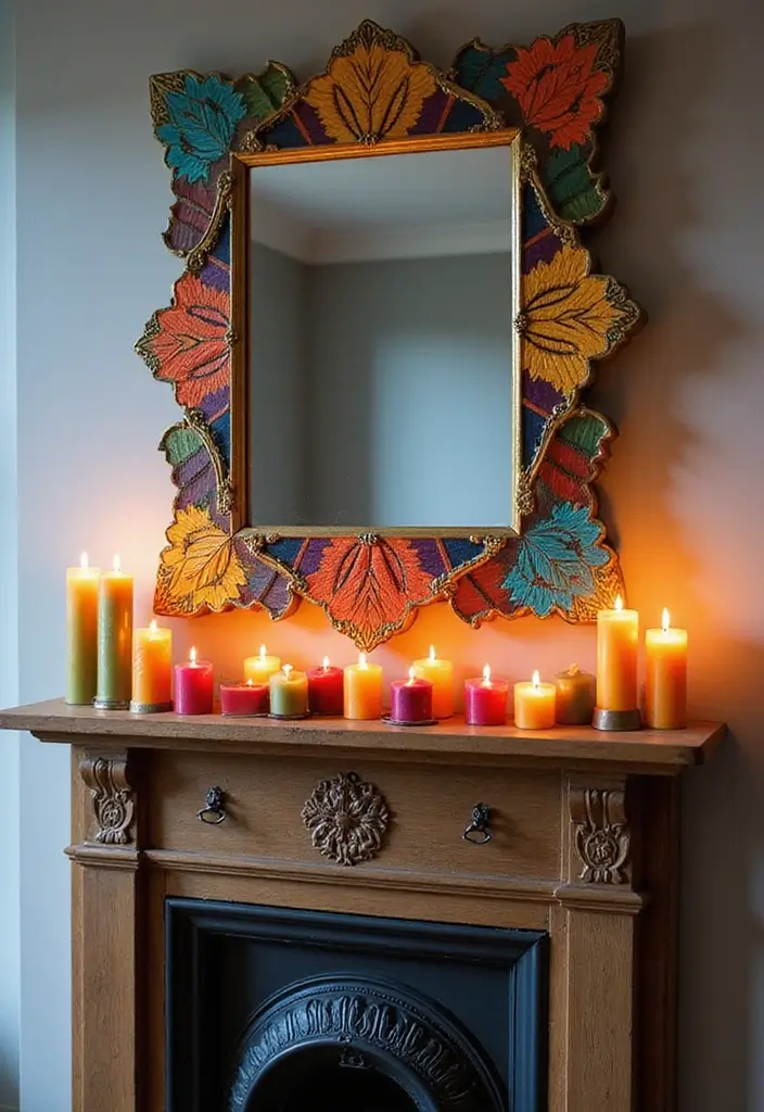 28 Creative Fireplace Mantle Decor with Mirror and Candles for Cozy Living Spaces 6 28 Creative Fireplace Mantle Decor with Mirror and Candles for Cozy Living Spaces - 6. Colorful Mirrors with Bold Candle Displays