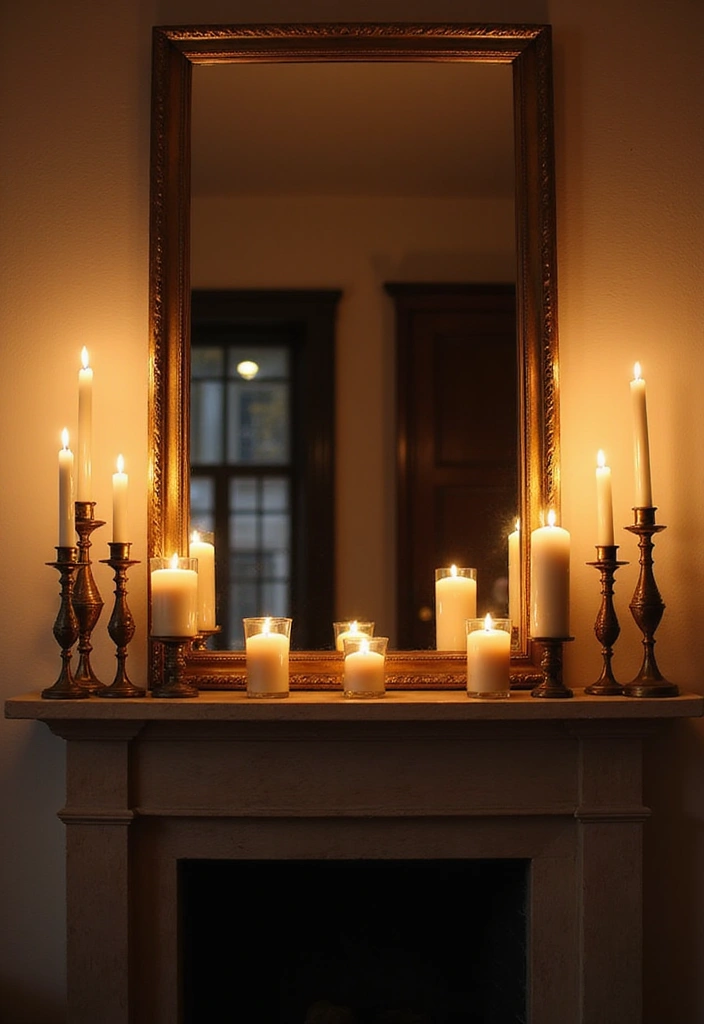 28 Creative Fireplace Mantle Decor with Mirror and Candles for Cozy Living Spaces 7 28 Creative Fireplace Mantle Decor with Mirror and Candles for Cozy Living Spaces - 7. Mirrors with Candle Sconces for Added Drama