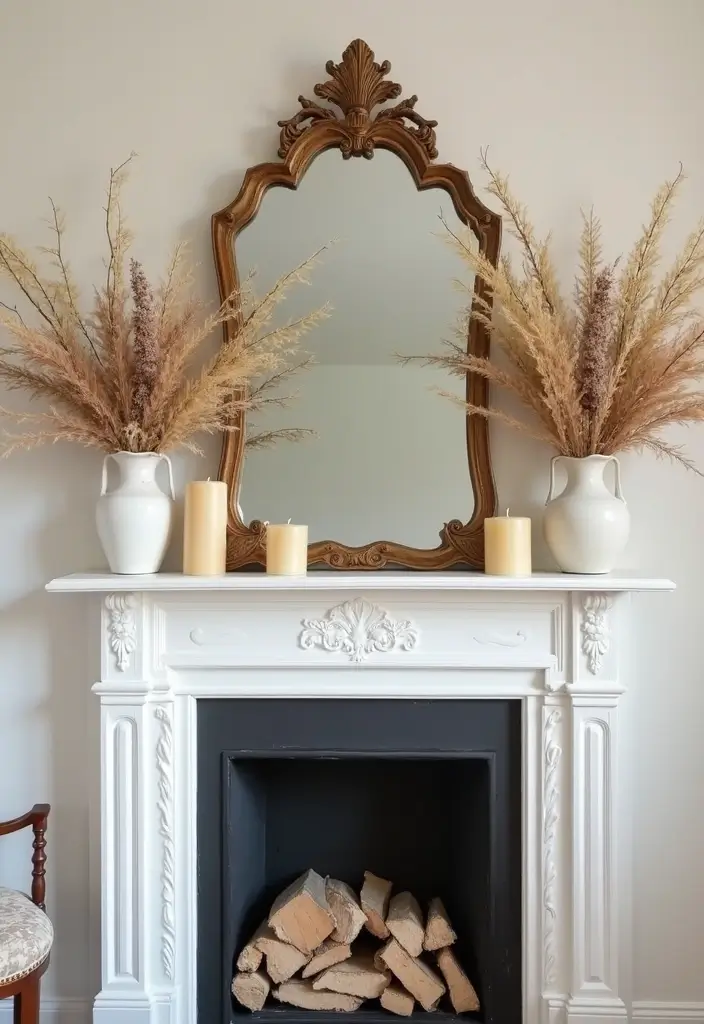 28 Creative Fireplace Mantle Decor with Mirror and Candles for Cozy Living Spaces 8 28 Creative Fireplace Mantle Decor with Mirror and Candles for Cozy Living Spaces - 8. Floral Accents with Mirrors and Candles