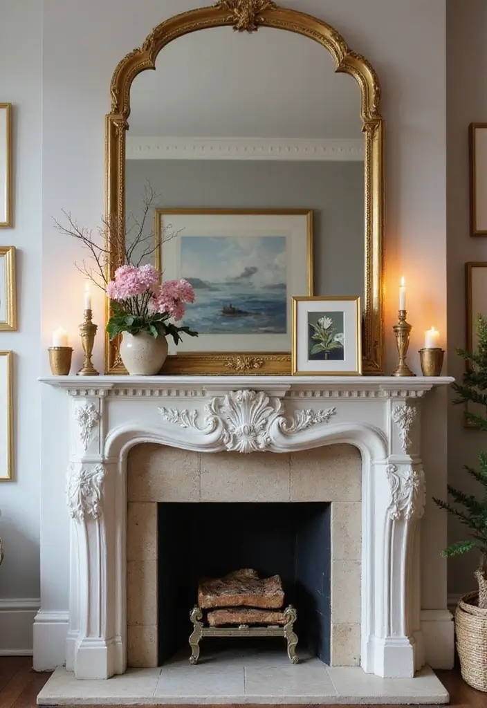 28 Creative Fireplace Mantle Decor with Mirror and Candles for Cozy Living Spaces 9 28 Creative Fireplace Mantle Decor with Mirror and Candles for Cozy Living Spaces - 9. Layered Frames with Candles