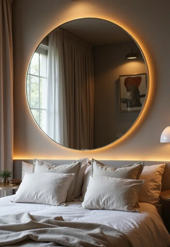 28 Master Bedroom Mirror Decor Ideas for a Luxurious Retreat Vibe 1 28 Master Bedroom Mirror Decor Ideas for a Luxurious Retreat Vibe - 1. Grand Lippan Art Mirror Over the Bed