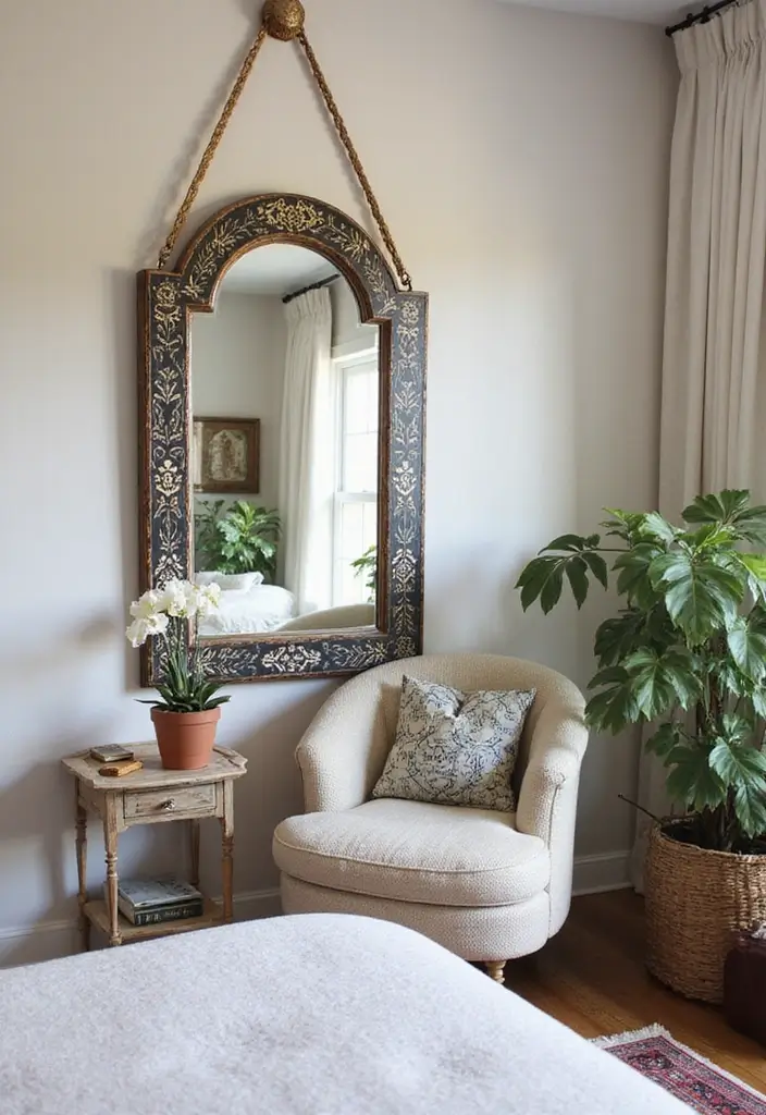 28 Master Bedroom Mirror Decor Ideas for a Luxurious Retreat Vibe 13 28 Master Bedroom Mirror Decor Ideas for a Luxurious Retreat Vibe - 13. Lippan Art Mirror with Stenciled Patterns