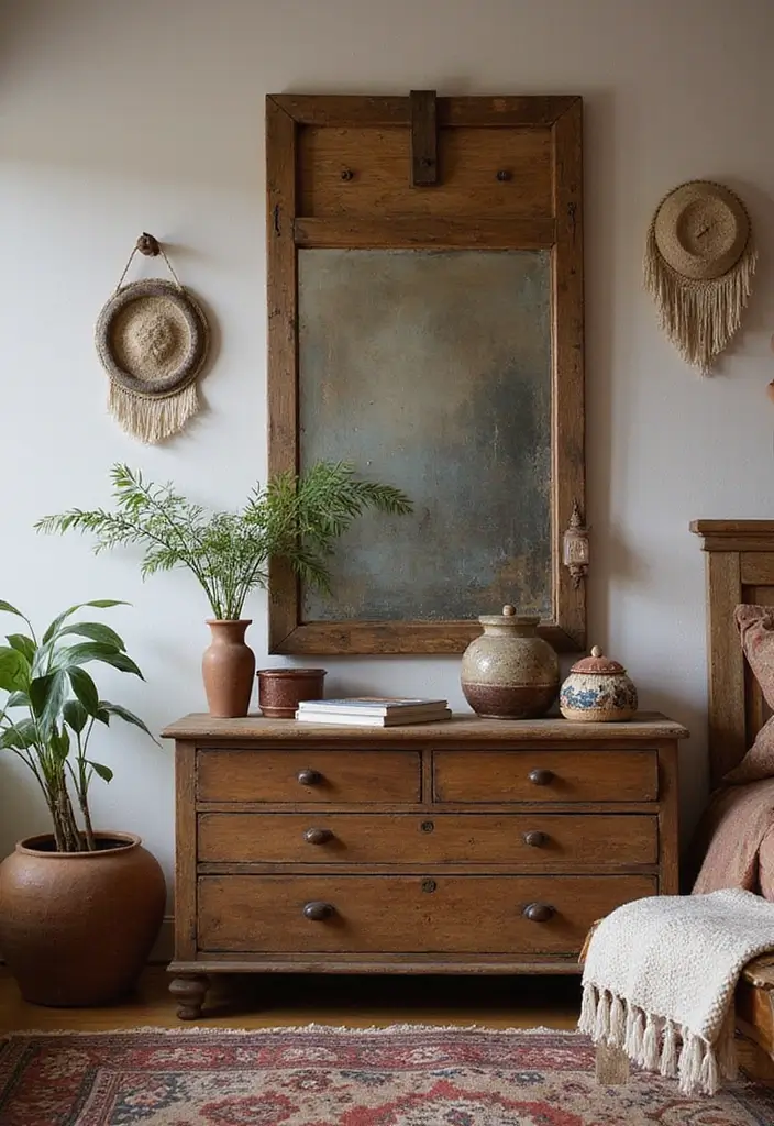 28 Master Bedroom Mirror Decor Ideas for a Luxurious Retreat Vibe 14 28 Master Bedroom Mirror Decor Ideas for a Luxurious Retreat Vibe - 14. Rustic Lippan Art Mirror with Vintage Accents