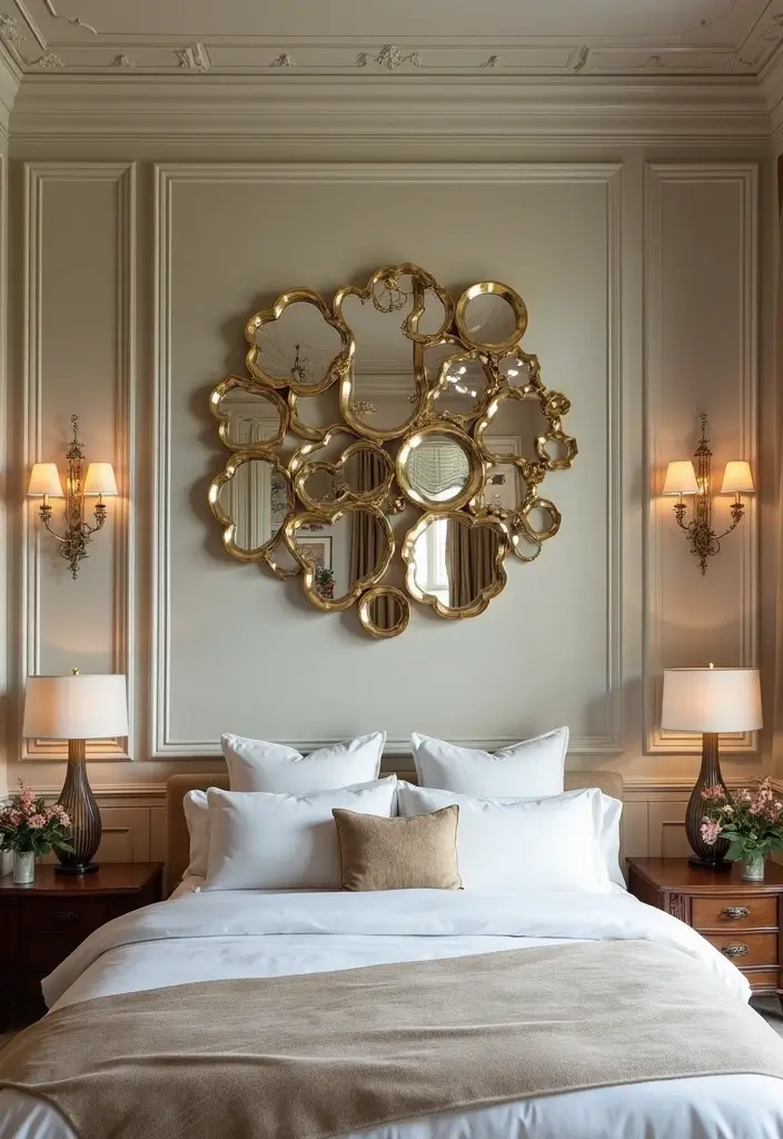 28 Master Bedroom Mirror Decor Ideas for a Luxurious Retreat Vibe 15 28 Master Bedroom Mirror Decor Ideas for a Luxurious Retreat Vibe - 15. Mirror Clusters with Lippan Art