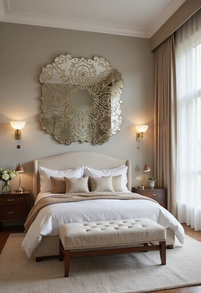 28 Master Bedroom Mirror Decor Ideas for a Luxurious Retreat Vibe 19 28 Master Bedroom Mirror Decor Ideas for a Luxurious Retreat Vibe - 19. Lippan Art Mirror with Motifs