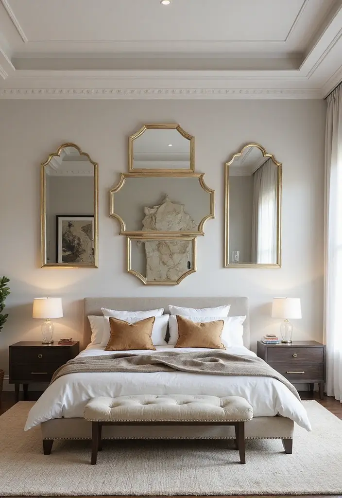 28 Master Bedroom Mirror Decor Ideas for a Luxurious Retreat Vibe 20 28 Master Bedroom Mirror Decor Ideas for a Luxurious Retreat Vibe - 20. Lippan Art Mirror with Geometric Shapes