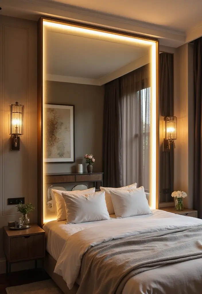 28 Master Bedroom Mirror Decor Ideas for a Luxurious Retreat Vibe 23 28 Master Bedroom Mirror Decor Ideas for a Luxurious Retreat Vibe - 23. Lippan Art Mirror with LED Backlighting