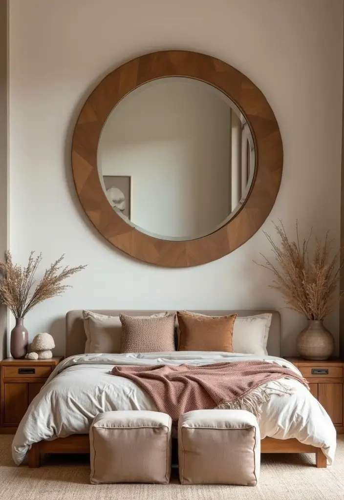28 Master Bedroom Mirror Decor Ideas for a Luxurious Retreat Vibe 25 28 Master Bedroom Mirror Decor Ideas for a Luxurious Retreat Vibe - 25. Lippan Art Mirror with Natural Finish