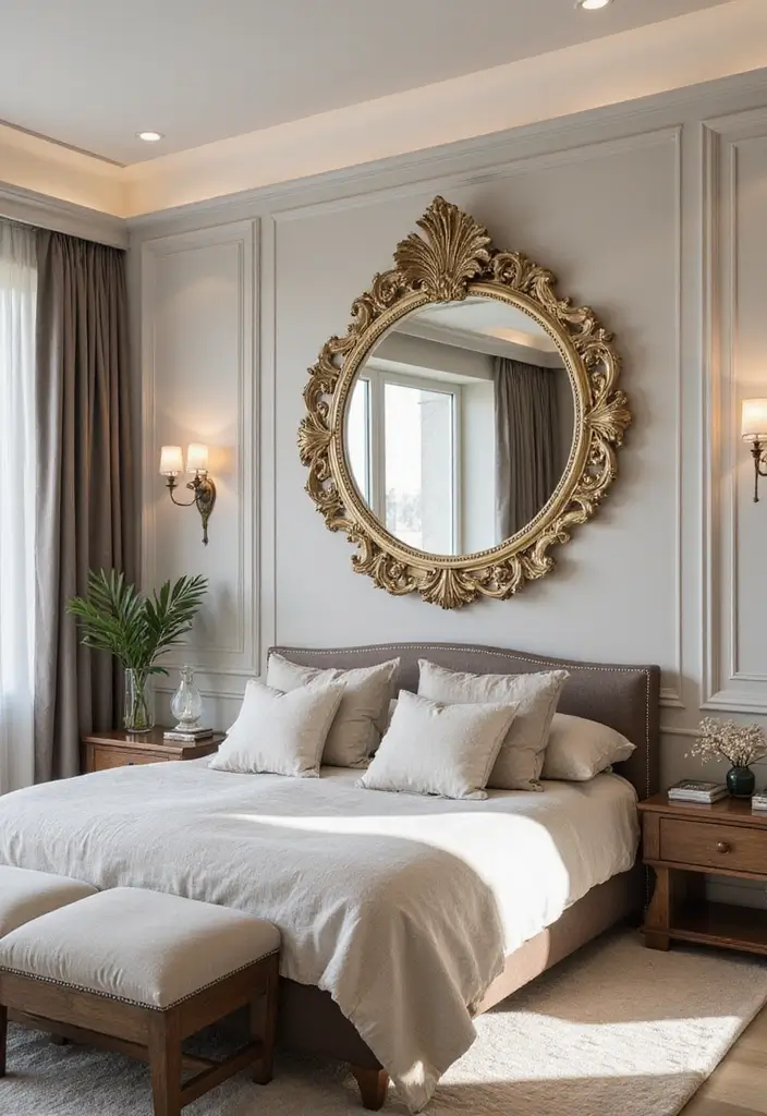 28 Master Bedroom Mirror Decor Ideas for a Luxurious Retreat Vibe 26 28 Master Bedroom Mirror Decor Ideas for a Luxurious Retreat Vibe - 26. Lippan Art Mirror with Artistic Frame