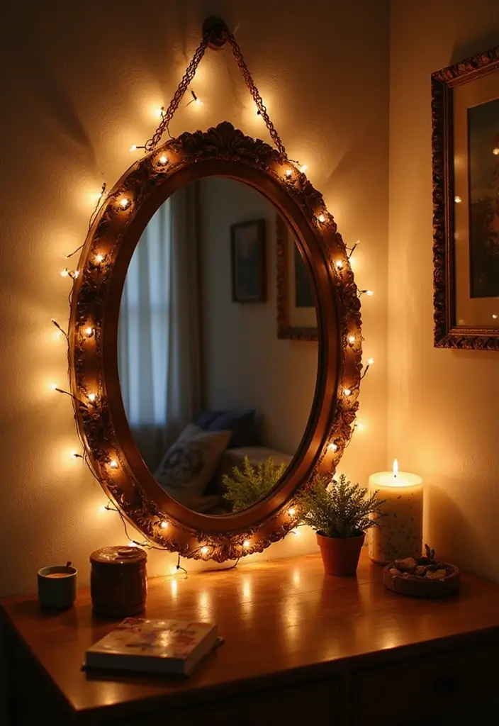 28 Master Bedroom Mirror Decor Ideas for a Luxurious Retreat Vibe 4 28 Master Bedroom Mirror Decor Ideas for a Luxurious Retreat Vibe - 4. Lippan Art Mirror with Fairy Lights