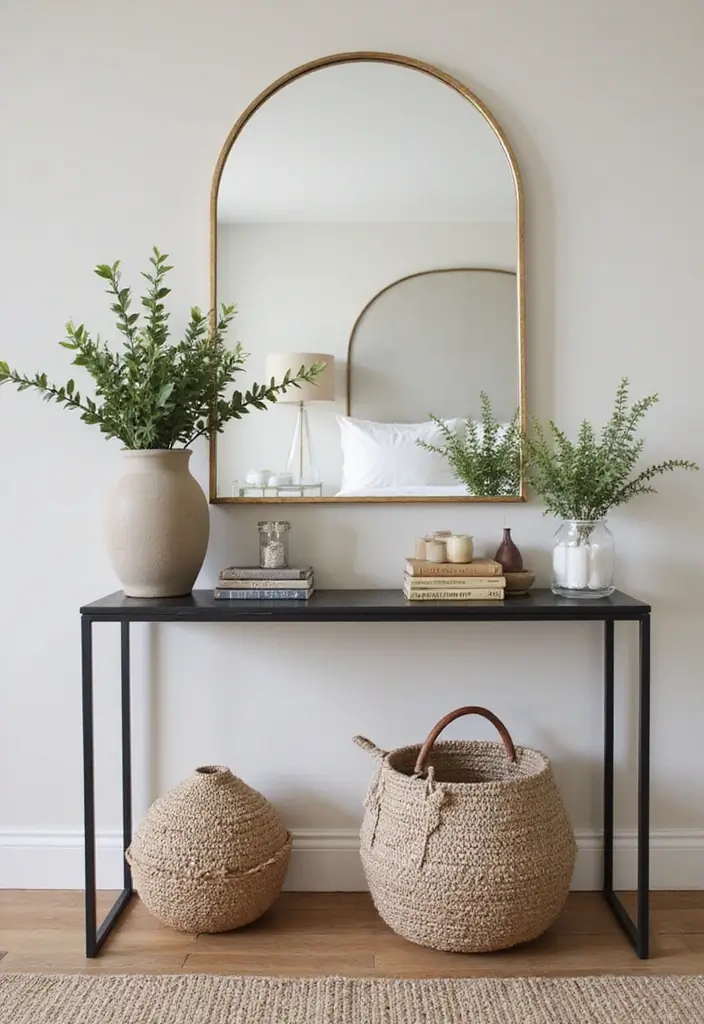 28 Master Bedroom Mirror Decor Ideas for a Luxurious Retreat Vibe 8 28 Master Bedroom Mirror Decor Ideas for a Luxurious Retreat Vibe - 8. Lippan Art Mirror on a Console Table
