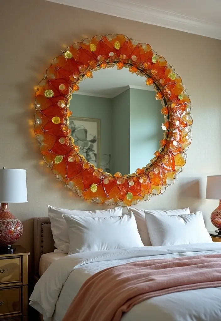 28 Master Bedroom Mirror Decor Ideas for a Luxurious Retreat Vibe 9 28 Master Bedroom Mirror Decor Ideas for a Luxurious Retreat Vibe - 9. Lippan Art Mirror with Colored Glass Accents