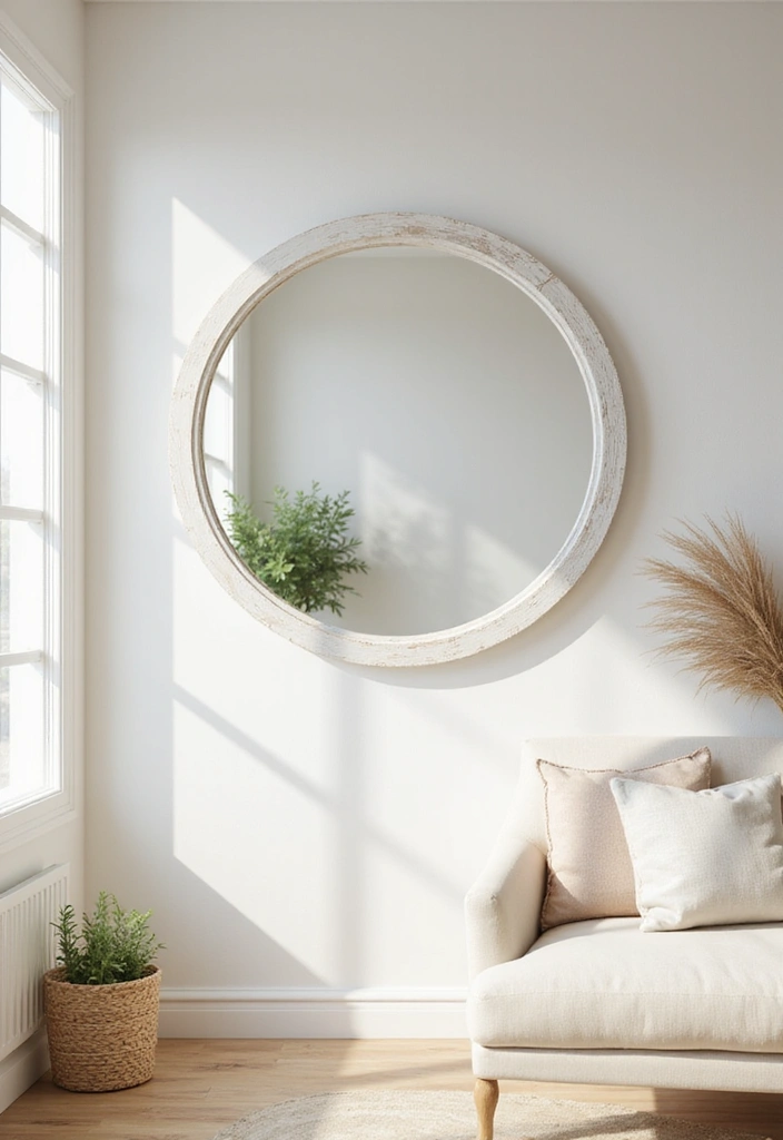28 Mirror Wall Decor Ideas for Bohemian and Eclectic Living Spaces 10 28 Mirror Wall Decor Ideas for Bohemian and Eclectic Living Spaces - 10. Whitewashed Round Mirror
