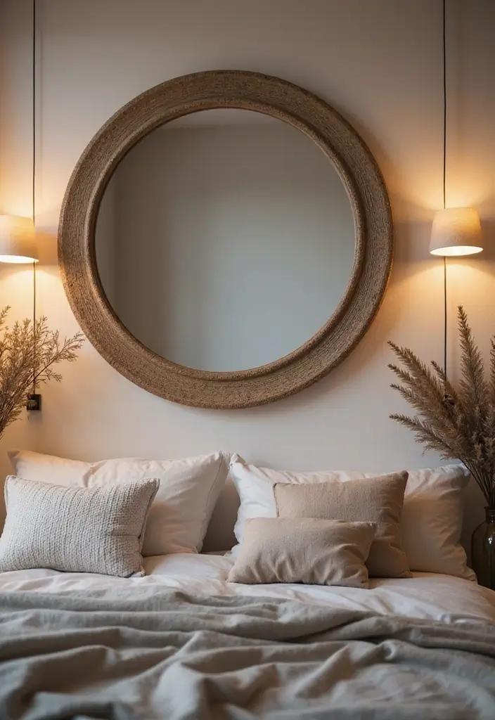28 Mirror Wall Decor Ideas for Bohemian and Eclectic Living Spaces 11 28 Mirror Wall Decor Ideas for Bohemian and Eclectic Living Spaces - 11. Textured Fabric Round Mirror