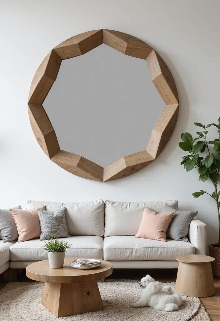 28 Mirror Wall Decor Ideas for Bohemian and Eclectic Living Spaces 12 28 Mirror Wall Decor Ideas for Bohemian and Eclectic Living Spaces - 12. Geometric Round Mirror