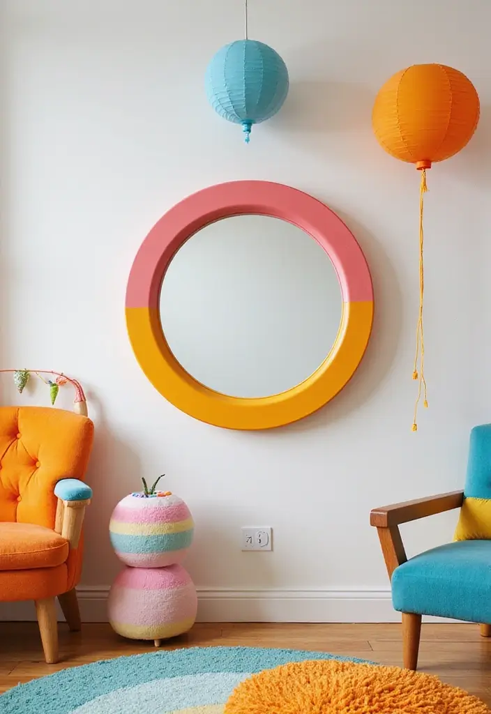 28 Mirror Wall Decor Ideas for Bohemian and Eclectic Living Spaces 13 28 Mirror Wall Decor Ideas for Bohemian and Eclectic Living Spaces - 13. Color-Blocked Round Mirror