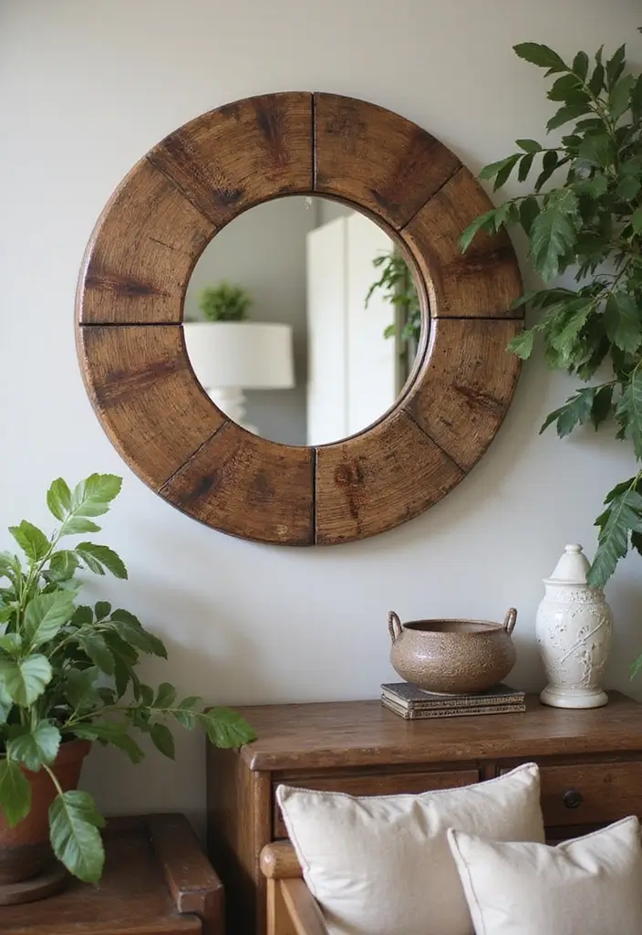 28 Mirror Wall Decor Ideas for Bohemian and Eclectic Living Spaces 14 28 Mirror Wall Decor Ideas for Bohemian and Eclectic Living Spaces - 14. Reclaimed Wood Round Mirror