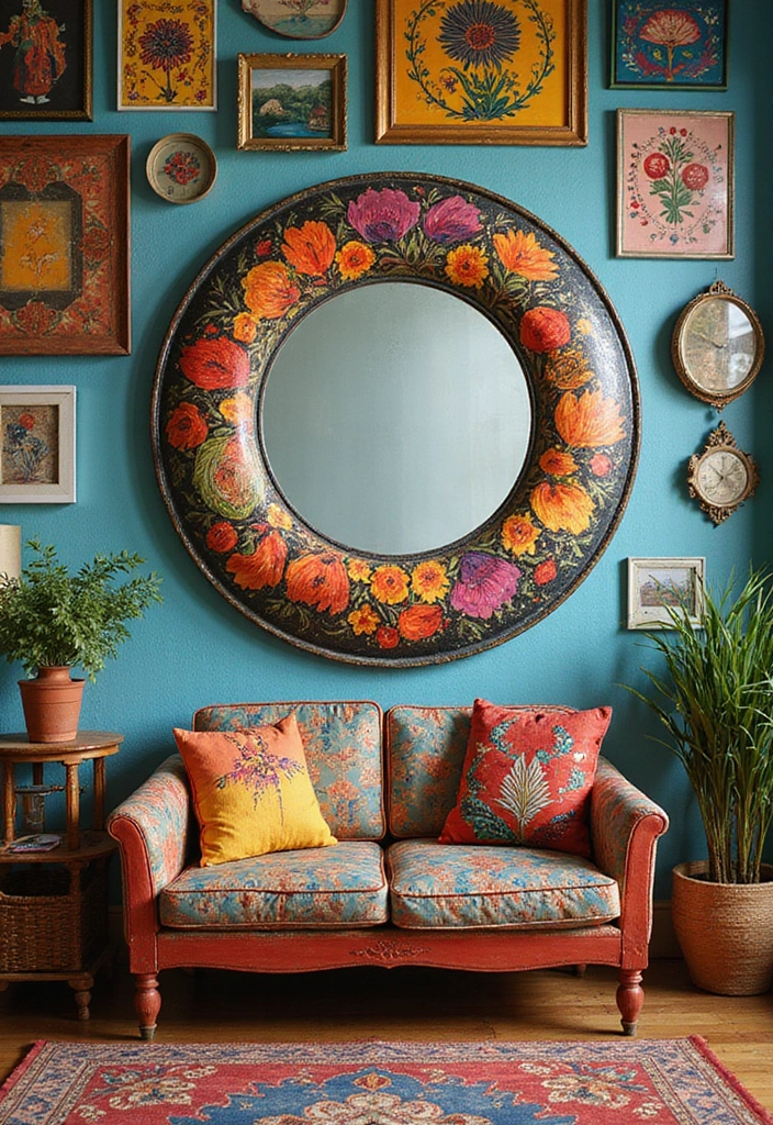 28 Mirror Wall Decor Ideas for Bohemian and Eclectic Living Spaces 15 28 Mirror Wall Decor Ideas for Bohemian and Eclectic Living Spaces - 15. Hand-Painted Round Mirror