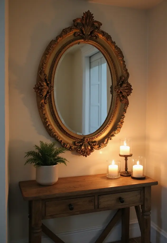 28 Mirror Wall Decor Ideas for Bohemian and Eclectic Living Spaces 16 28 Mirror Wall Decor Ideas for Bohemian and Eclectic Living Spaces - 16. Circular Vintage Mirror with Shelf