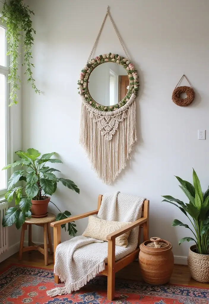 28 Mirror Wall Decor Ideas for Bohemian and Eclectic Living Spaces 17 28 Mirror Wall Decor Ideas for Bohemian and Eclectic Living Spaces - 17. DIY Macrame Round Mirror