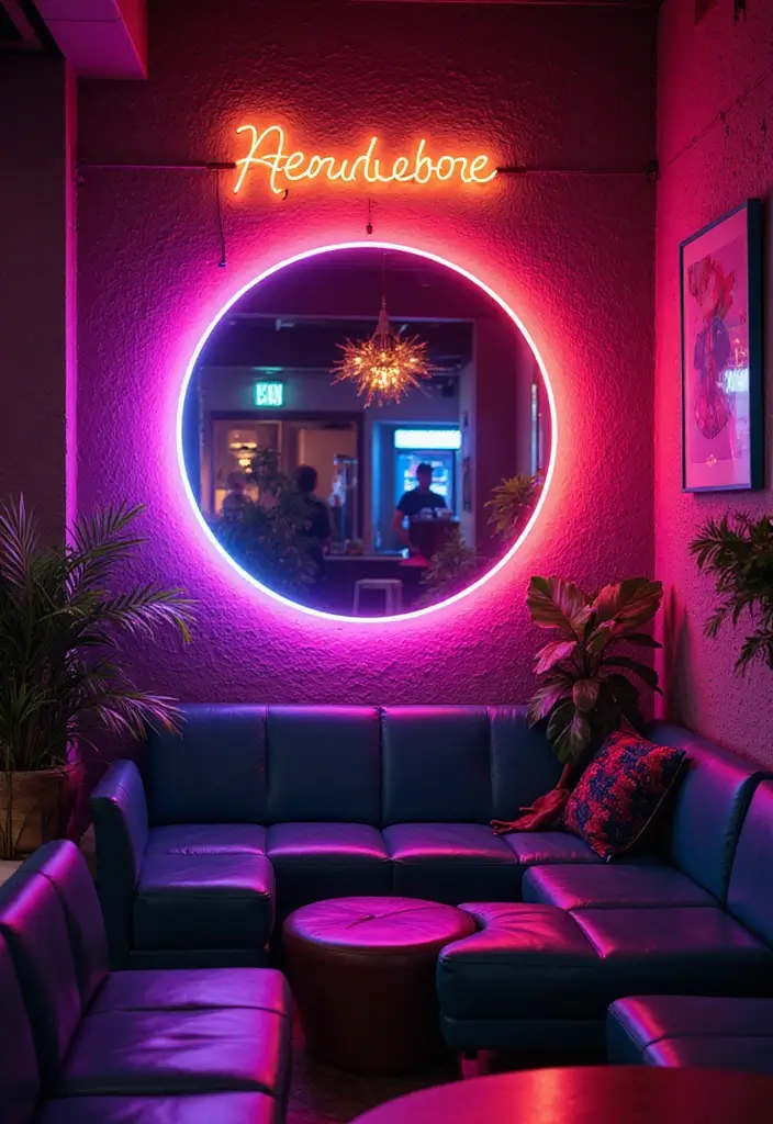 28 Mirror Wall Decor Ideas for Bohemian and Eclectic Living Spaces 18 28 Mirror Wall Decor Ideas for Bohemian and Eclectic Living Spaces - 18. Circular Neon LED Mirror