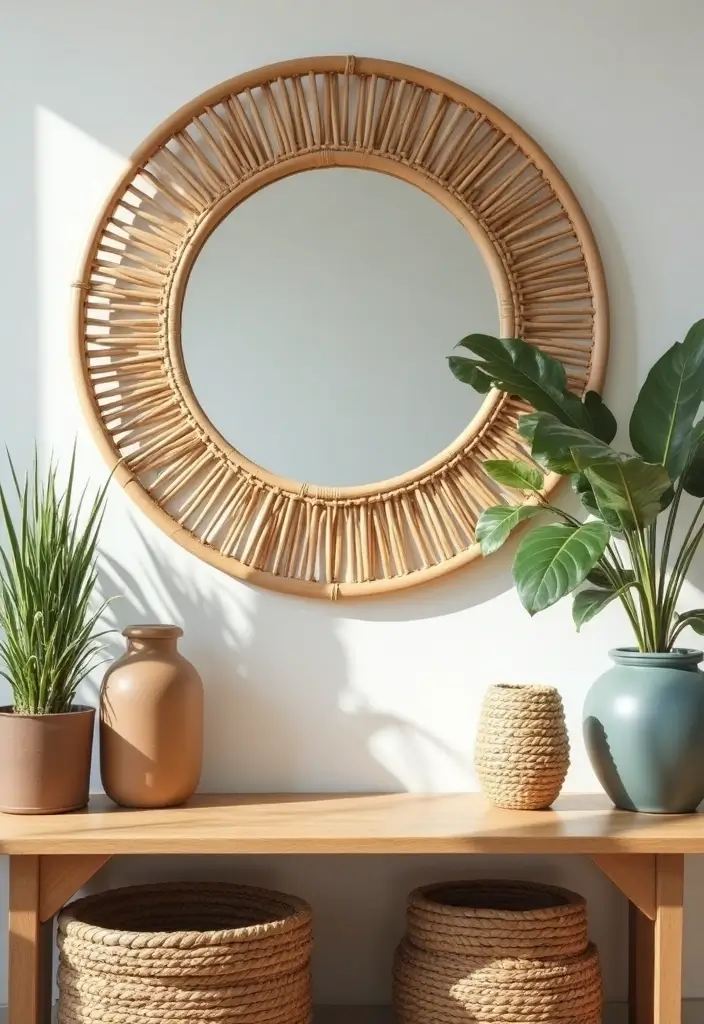 28 Mirror Wall Decor Ideas for Bohemian and Eclectic Living Spaces 2 28 Mirror Wall Decor Ideas for Bohemian and Eclectic Living Spaces - 2. Vintage Rattan Round Mirror