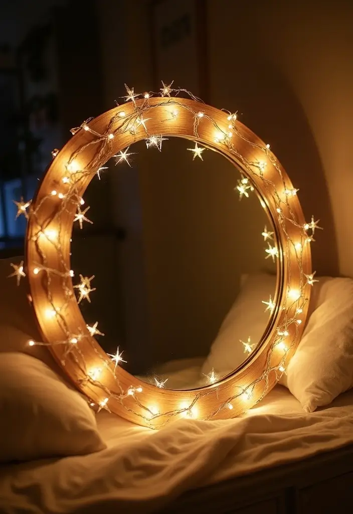 28 Mirror Wall Decor Ideas for Bohemian and Eclectic Living Spaces 23 28 Mirror Wall Decor Ideas for Bohemian and Eclectic Living Spaces - 23. Round Mirror with String Lights