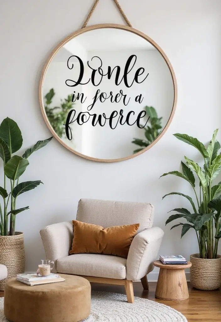 28 Mirror Wall Decor Ideas for Bohemian and Eclectic Living Spaces 26 28 Mirror Wall Decor Ideas for Bohemian and Eclectic Living Spaces - 26. Round Mirror with a Fun Quote
