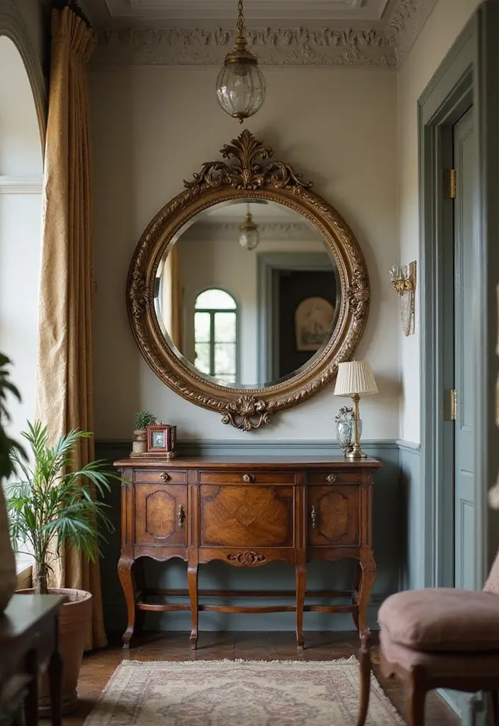 28 Mirror Wall Decor Ideas for Bohemian and Eclectic Living Spaces 28 28 Mirror Wall Decor Ideas for Bohemian and Eclectic Living Spaces - 28. Round Mirror with a Vintage Frame