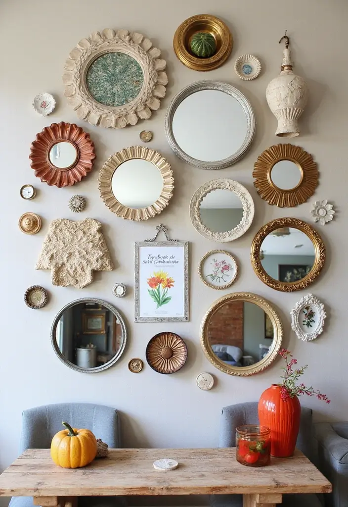 28 Mirror Wall Decor Ideas for Bohemian and Eclectic Living Spaces 3 28 Mirror Wall Decor Ideas for Bohemian and Eclectic Living Spaces - 3. Eclectic Gallery Wall with Round Mirrors