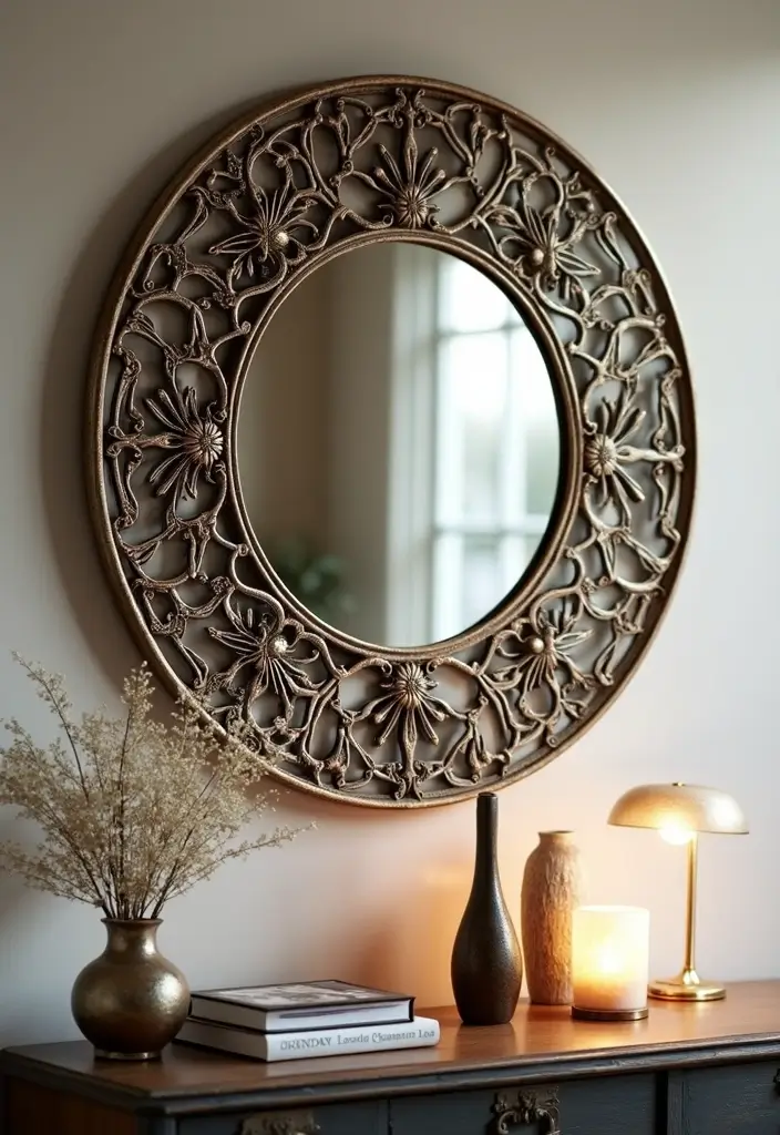28 Mirror Wall Decor Ideas for Bohemian and Eclectic Living Spaces 5 28 Mirror Wall Decor Ideas for Bohemian and Eclectic Living Spaces - 5. Intricate Metal Filigree Mirror