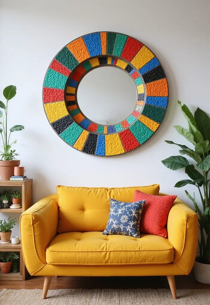 28 Mirror Wall Decor Ideas for Bohemian and Eclectic Living Spaces 6 28 Mirror Wall Decor Ideas for Bohemian and Eclectic Living Spaces - 6. Colorful Mosaic Round Mirror