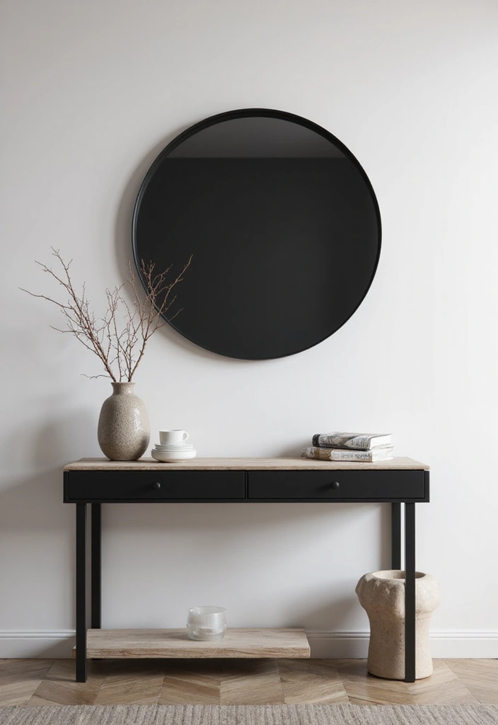 28 Mirror Wall Decor Ideas for Bohemian and Eclectic Living Spaces 8 28 Mirror Wall Decor Ideas for Bohemian and Eclectic Living Spaces - 8. Minimalist Black Round Mirror