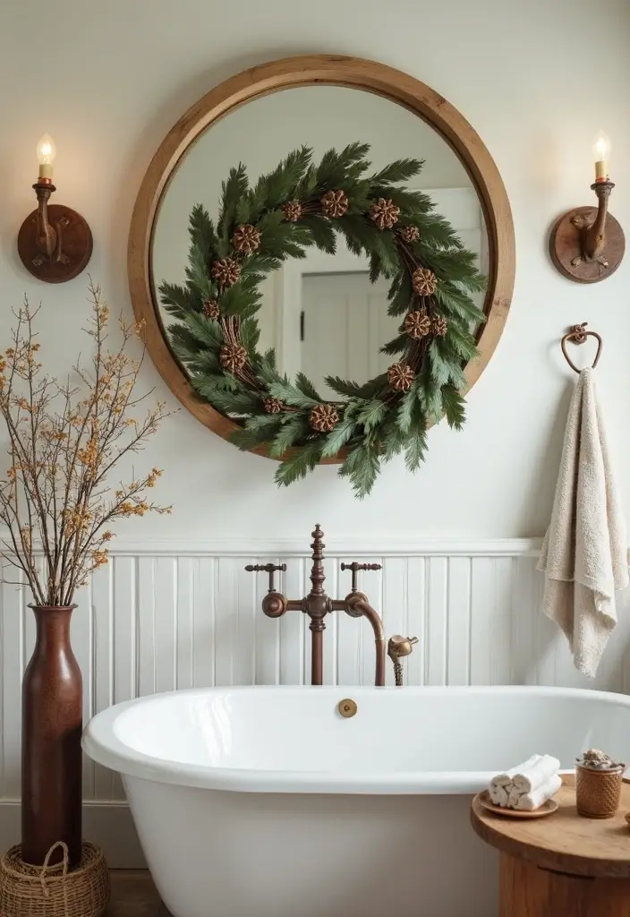 28 Mirror and Photo Wall Decor Ideas for Personalized Interiors 11 28 Mirror and Photo Wall Decor Ideas for Personalized Interiors - 11. Round Mirror with Wreath Decoration