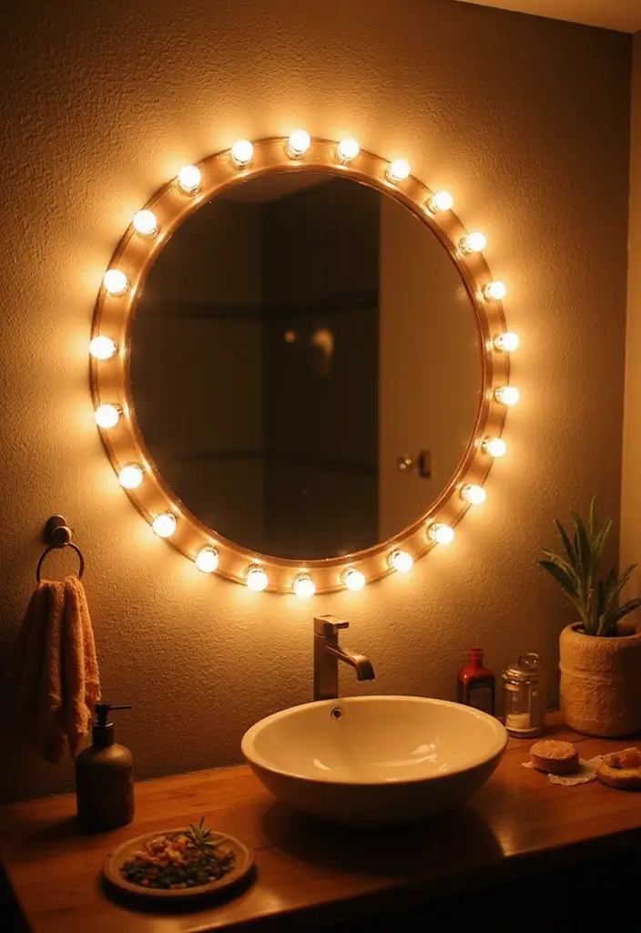 28 Mirror and Photo Wall Decor Ideas for Personalized Interiors 13 28 Mirror and Photo Wall Decor Ideas for Personalized Interiors - 13. Round Mirror with Artistic Illumination