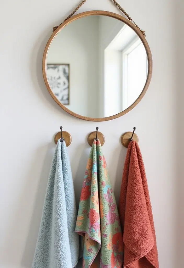 28 Mirror and Photo Wall Decor Ideas for Personalized Interiors 14 28 Mirror and Photo Wall Decor Ideas for Personalized Interiors - 14. Round Mirror with Towel Hooks