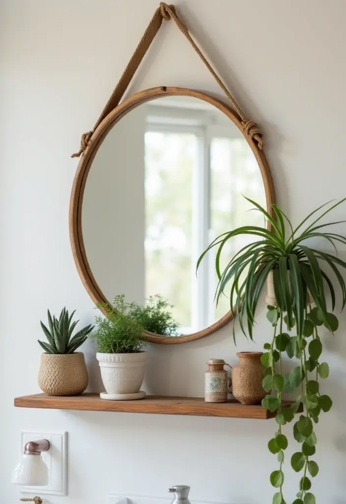 28 Mirror and Photo Wall Decor Ideas for Personalized Interiors 16 28 Mirror and Photo Wall Decor Ideas for Personalized Interiors - 16. Round Mirror with Decorative Shelf