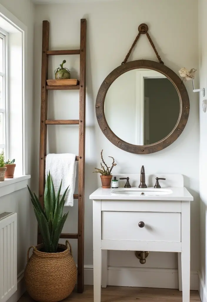28 Mirror and Photo Wall Decor Ideas for Personalized Interiors 18 28 Mirror and Photo Wall Decor Ideas for Personalized Interiors - 18. Round Mirror with Vintage Ladder Display