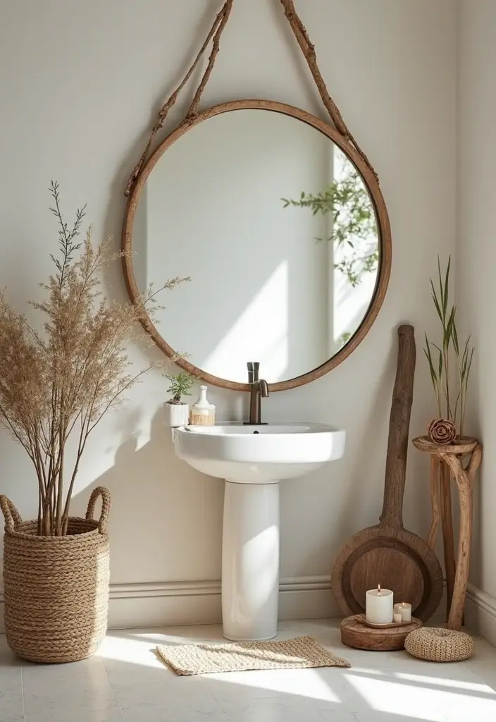 28 Mirror and Photo Wall Decor Ideas for Personalized Interiors 21 28 Mirror and Photo Wall Decor Ideas for Personalized Interiors - 21. Round Mirror with Nature-Inspired Decor